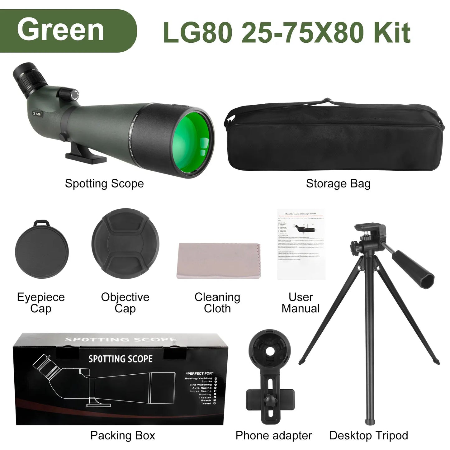 25-75x80 Zoom Spotting Scope with Tripod & Phone Mount