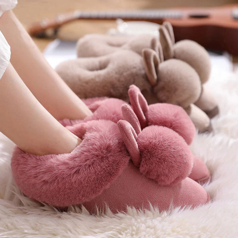 Winter Warm Home Fur Boots Womens Indoor Home Rabbit Shoe Furry Ears Footwear Indoor Bedroom Flat Heels Fluffy Ankle Boots