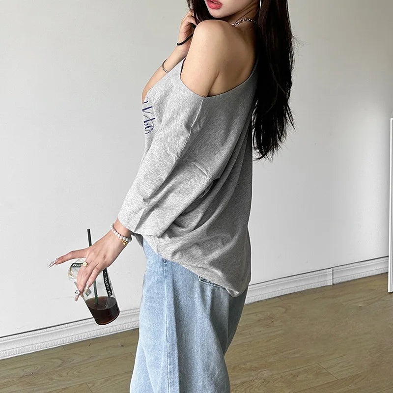 Casual Relax Woman T-shirt Letter 2025 Women Oversized One Shoulder Tops Versatile Street Atmosphere Style Fashionable Tops