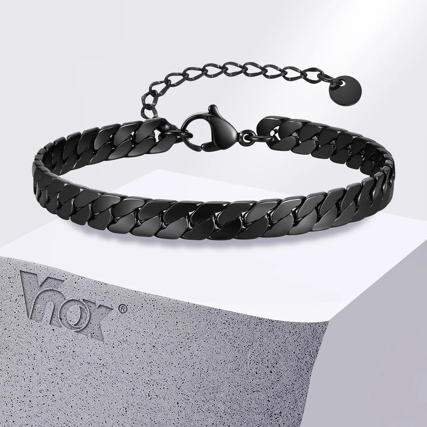Vnox Gothic Black Cuban Chain Bracelets for Men, Stainless Steel Flat Miami Curb Links Wristband, Simple Metal Jewelry