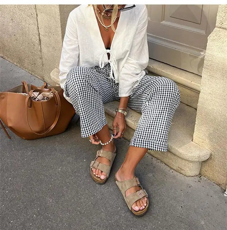 Spring 2025 V-Neck Lace-Up Linen Blouse – Casual Loose Fit