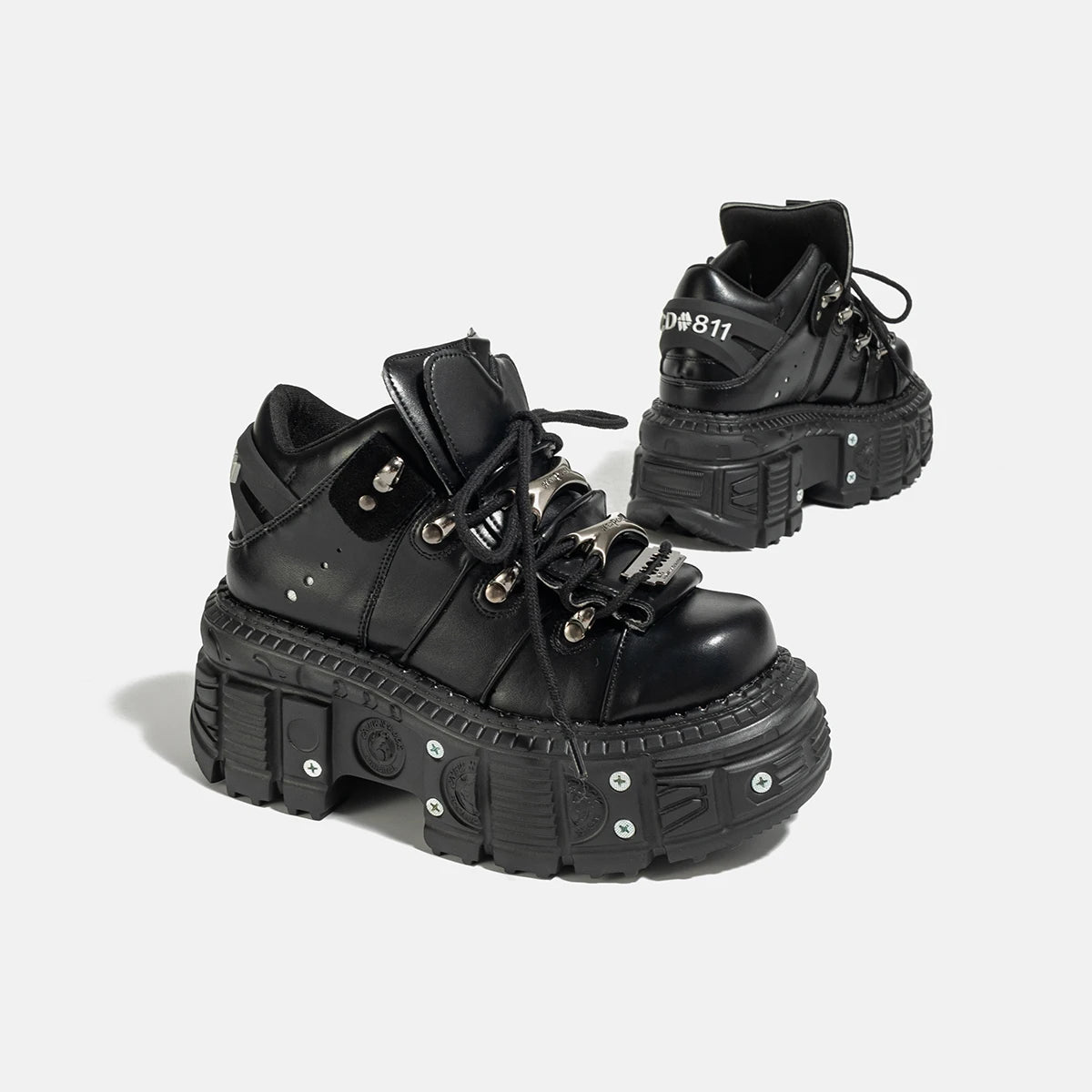 Gothic Dark Platform Thick Bottom Punk Metal Height-Increasing Leather Women's Small Rock Lace-up Rivet Shoes