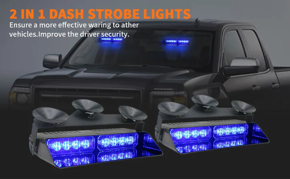 2 in 1 LED Emergency Strobe Lights for Vehicles Front/Rear Windshield with Suction Cups,Dash Deck Safety Flashing Hazard Warning