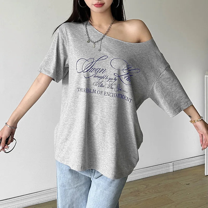 Casual Relax Woman T-shirt Letter 2025 Women Oversized One Shoulder Tops Versatile Street Atmosphere Style Fashionable Tops
