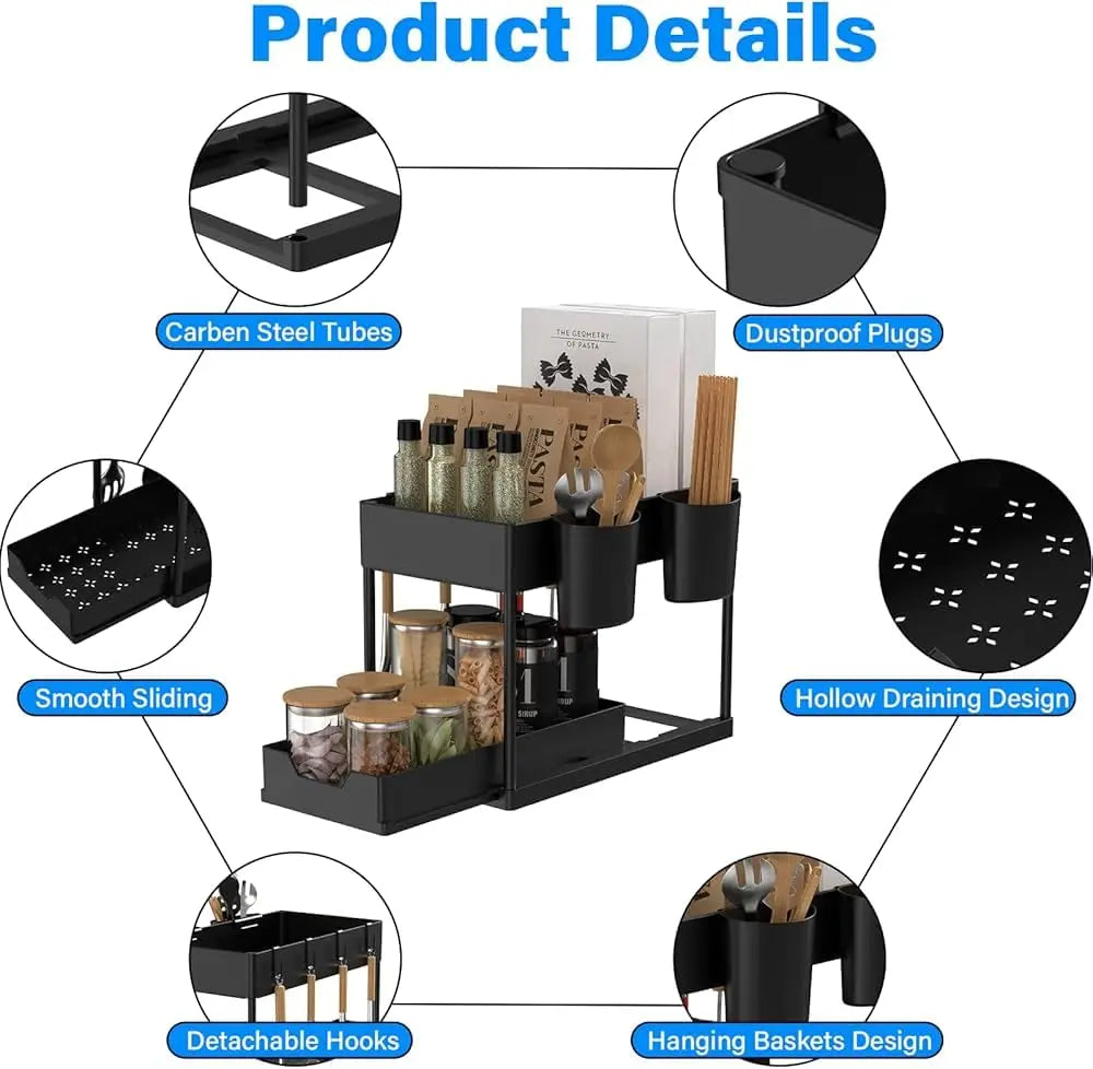 2-Tier Under Sink Organizer with Sliding Drawers & Hooks