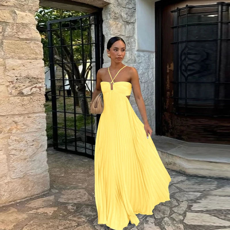 Women's Halter Backless Pleated Maxi Dress – Beach Vibes 2025