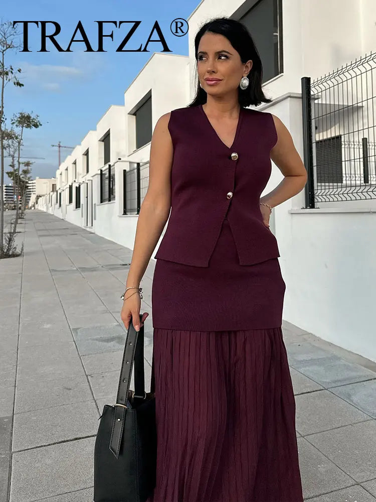 Elegant Wine Red Knitted Skirt Set for Women – V-Neck Vest & High-Waist Midi Skirt | Spring/Summer 2025