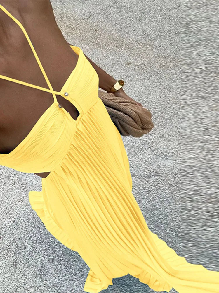 Women's Halter Backless Pleated Maxi Dress – Beach Vibes 2025
