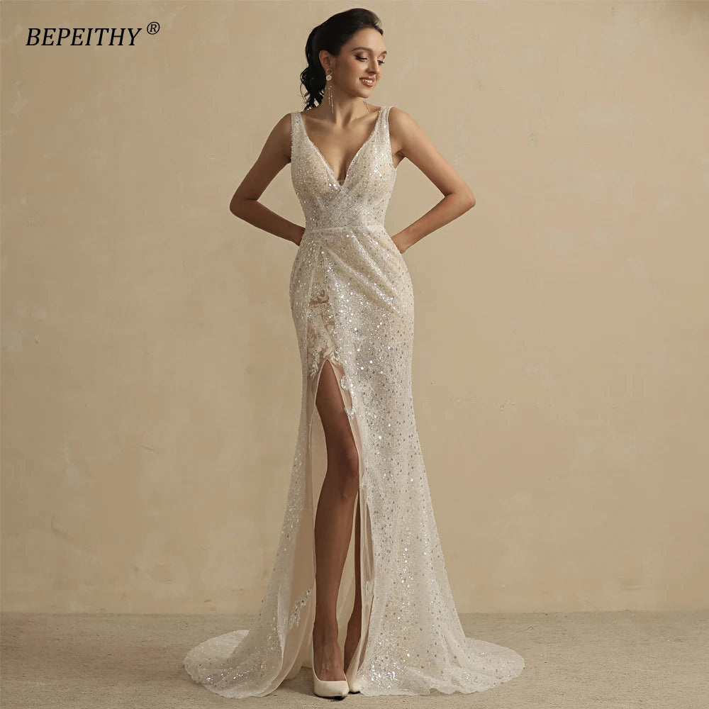 BEPEITHY Customized Glitter Wedding Dresses For Women 2025 Bride Romantic Lace Sleeveless Boho Bridal Gown Robe De Soiree New