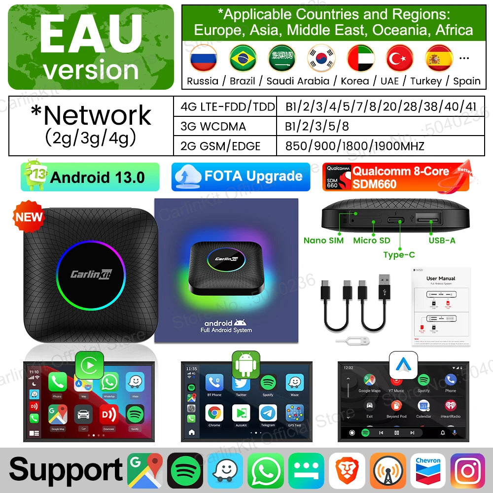 128GB CarlinKit LED Wireless CarPlay Android Auto Box CarPlay Ai Box Android 13 Video Playback Split Screen Qualcomm 8cores FOTA