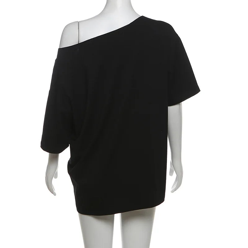 Casual Relax Woman T-shirt Letter 2025 Women Oversized One Shoulder Tops Versatile Street Atmosphere Style Fashionable Tops