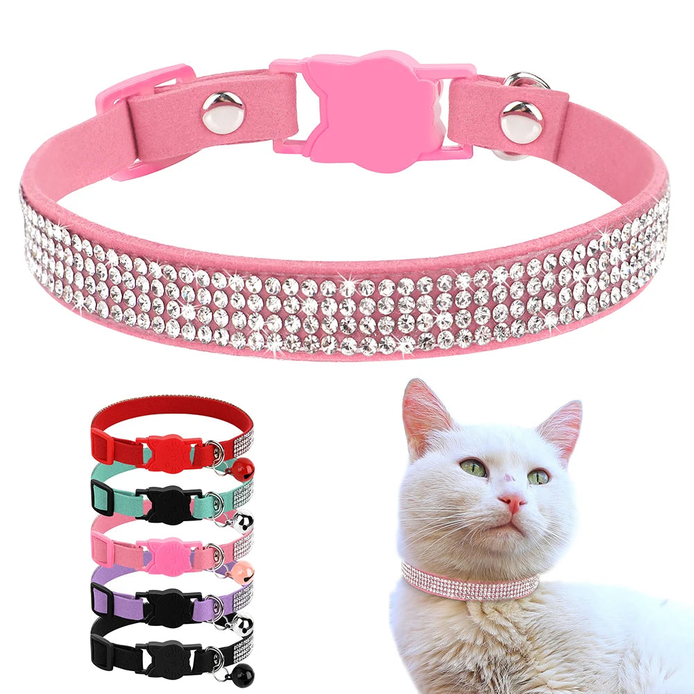 Bling Suede Cat Collar – Rhinestone Bell, Soft & Safe