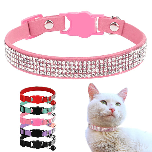 Bling Suede Cat Collar – Rhinestone Bell, Soft & Safe