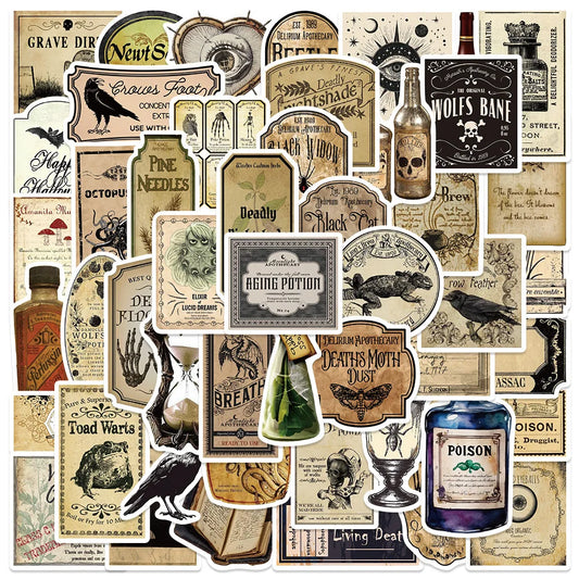 10/50/100pcs Halloween Vintage Potion Bottle Labels Stickers Retro Horror Gothic Decals Suitcase Scrapbooking Laptop Sticker