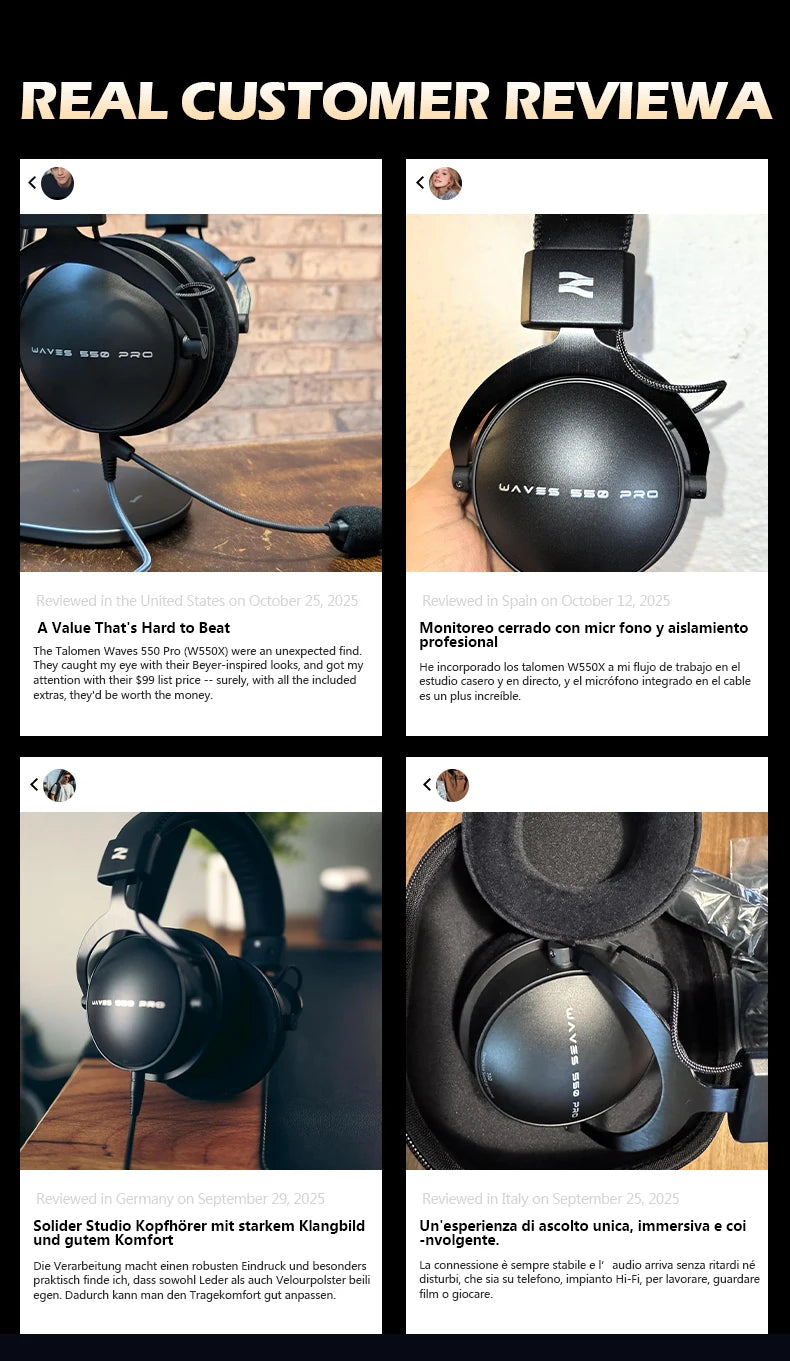 TALOMEN W550X Corded Studio Headphones Stereo Professional DJ Headphones Over-Ear Monitor Headphones with Detachable Cable Gift