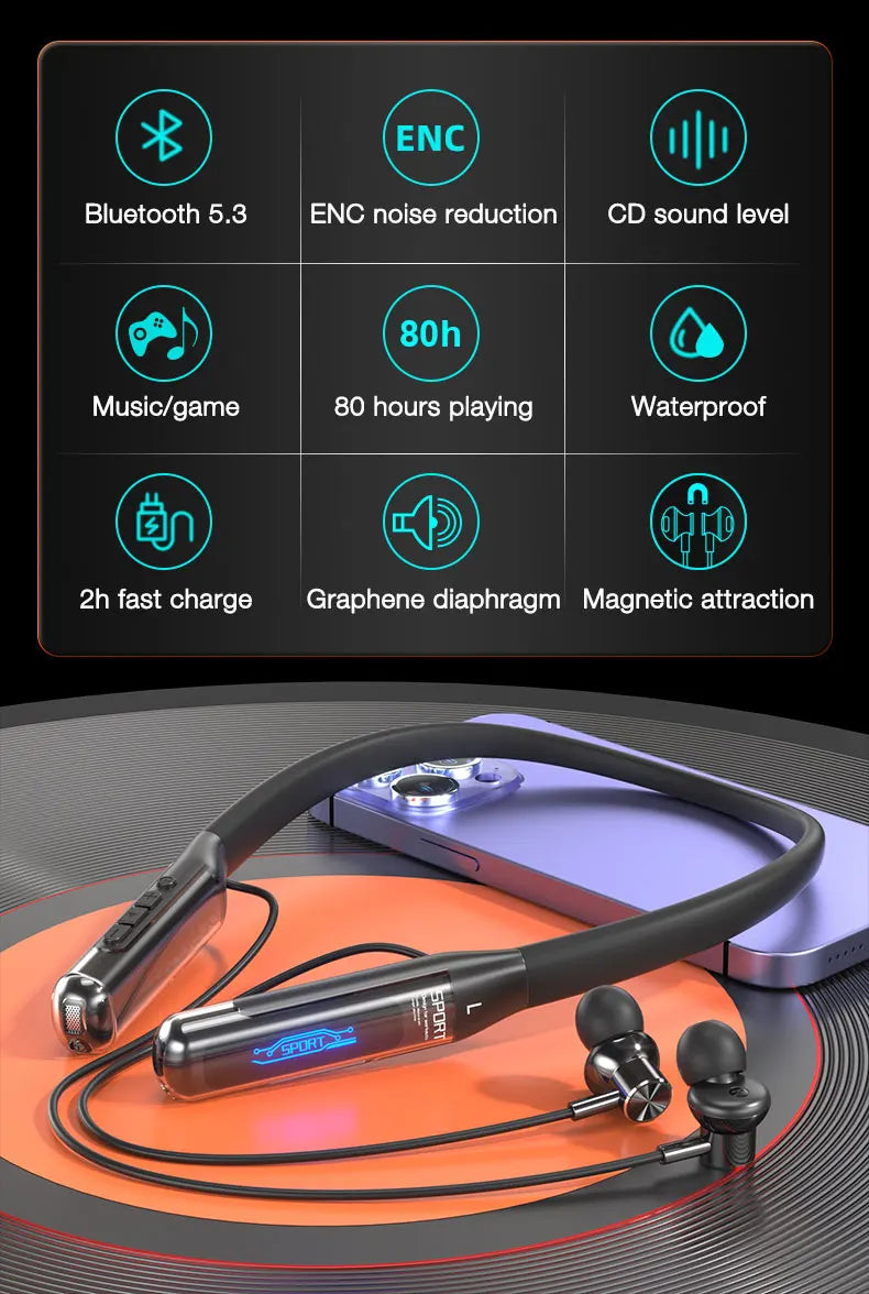 EARDECO Bluetooth 5.3 Neckband Headphones – 80H Battery, Stereo Bass, Mic