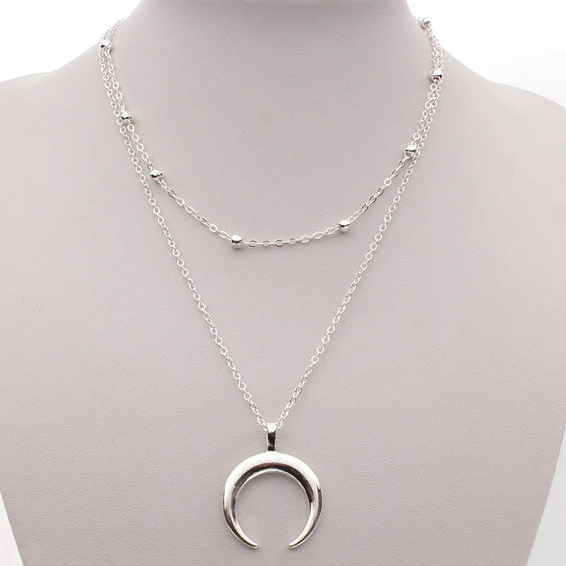 Gold Double Layer Moon Pendant Necklace – Trendy Gift