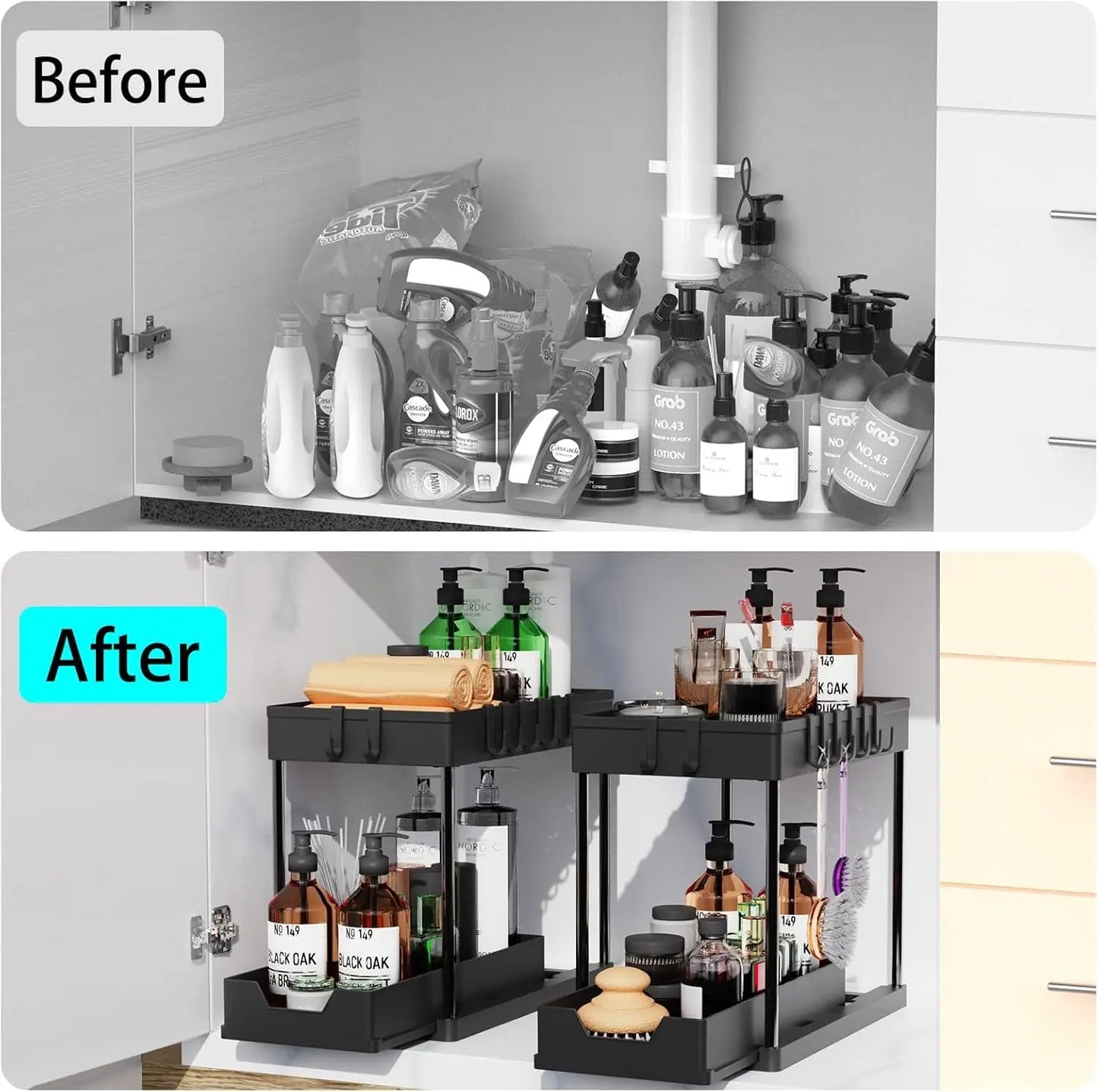 2-Tier Under Sink Organizer with Sliding Drawers & Hooks