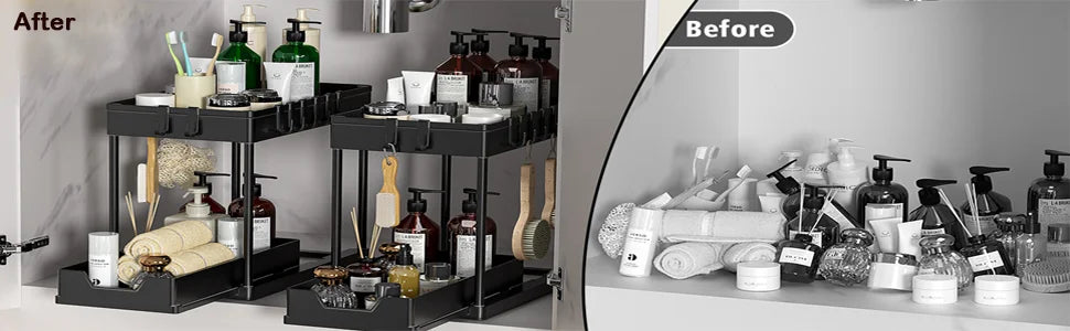 2-Tier Under Sink Organizer with Sliding Drawers & Hooks