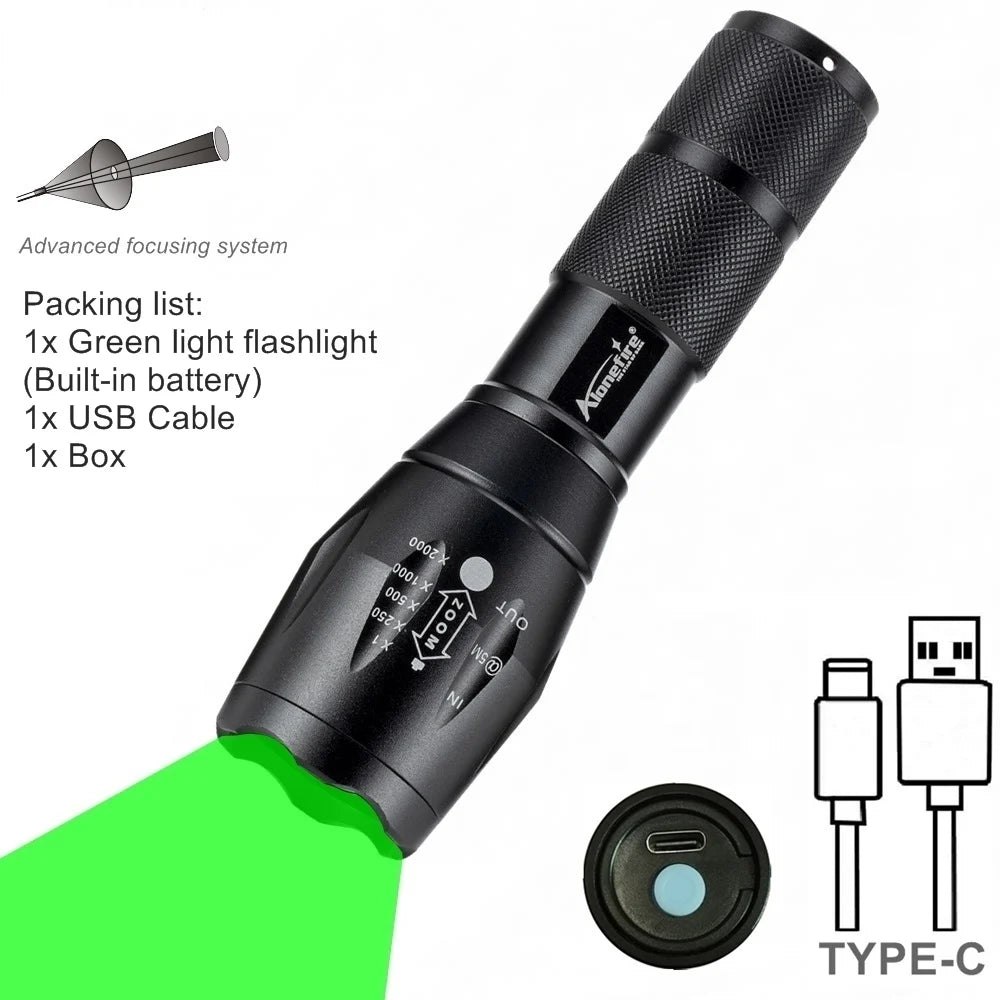 Zoom Red/Green/Blue light LED Flashlight USB Rechargeable Outdoor Hunting beekeeping Fishing Hiking Travel Camping Lamp Torch