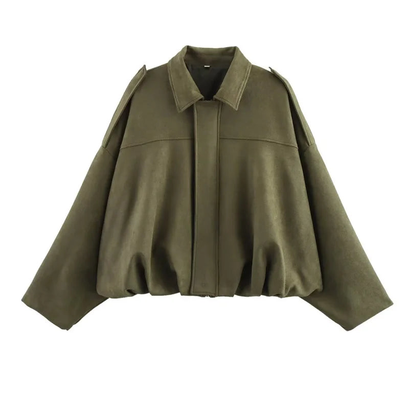 Women’s Suede-Texture Bomber Jacket – Casual Lapel Zip Coat | ETJ