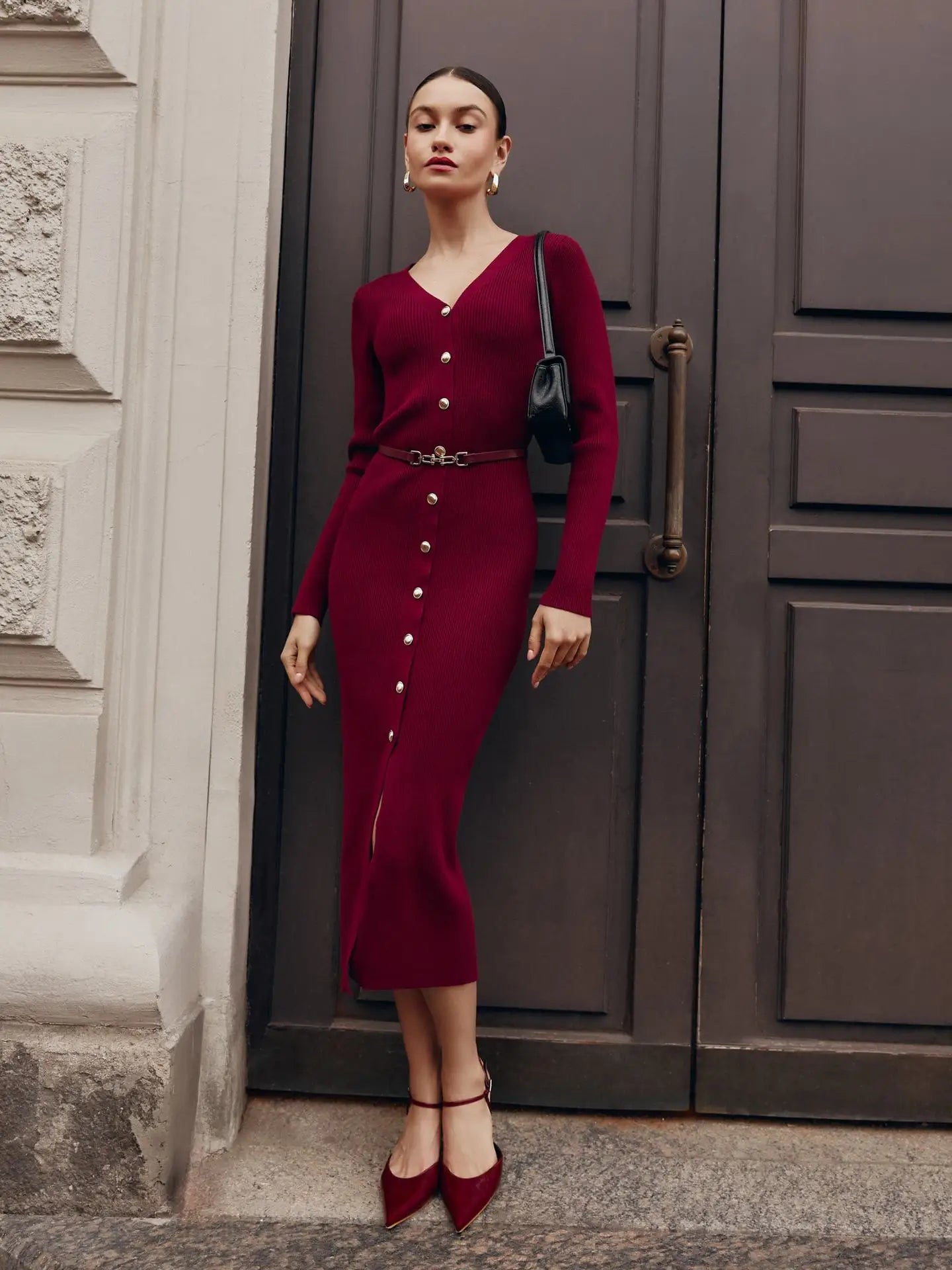 Cryptographic Fall Winter Knitted Button Sweaters Midi Dress Elegant Outfits Long Sleeve Split Bodycon Cardigan Dresses Clothes