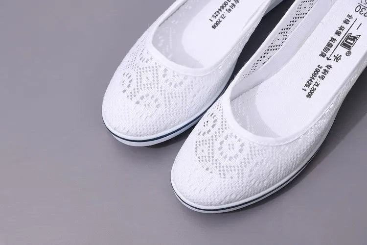 Women’s White Lace Breathable Slip-On Sneakers – Casual Summer Flats with Low Wedge Comfort Sole