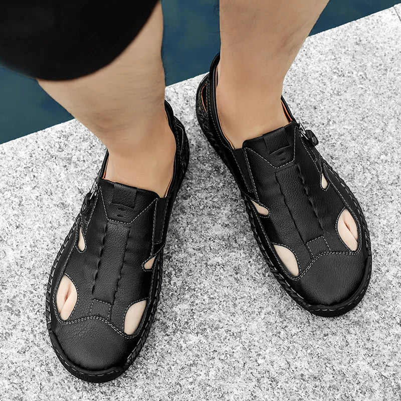 Men’s Leather Roman Sandals – Breathable Handmade Casual Summer Shoes for Outdoor & Beach