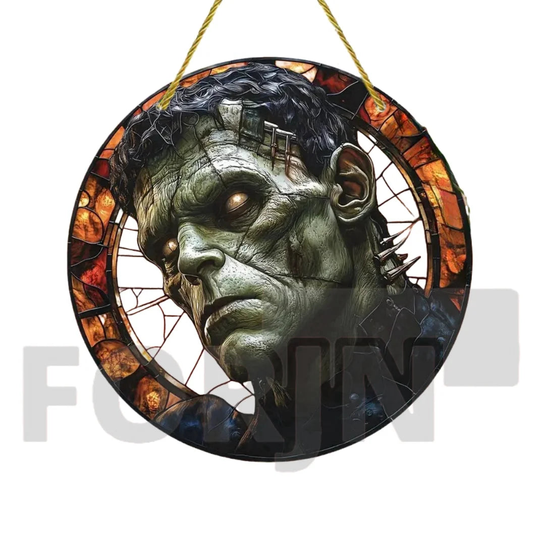 Horror Theme Stained Window Hanging Sun Catcher,Round Acrylic Translucent Sign,Halloween Decor for House,bar,Porch,Patio Garden