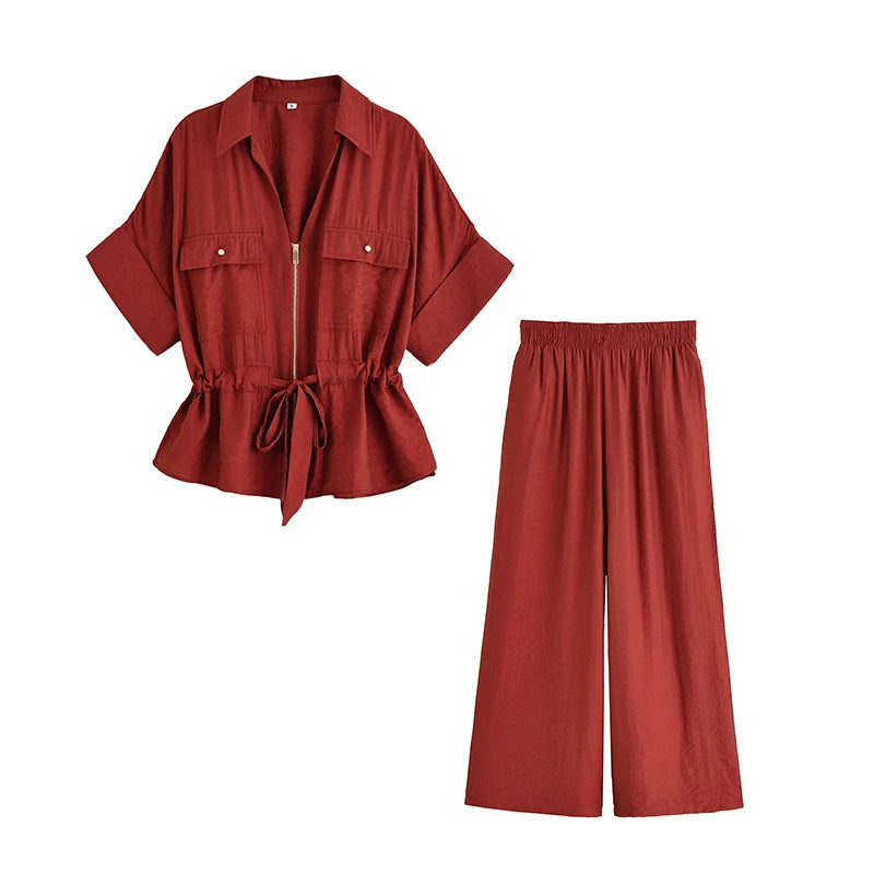 Women’s Summer 2-Piece Set – Loose Shirt & High-Waist Pants