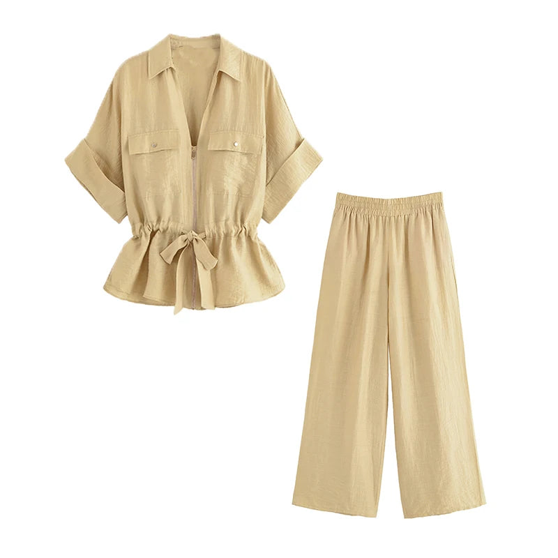 Women’s Summer 2-Piece Set – Loose Shirt & High-Waist Pants