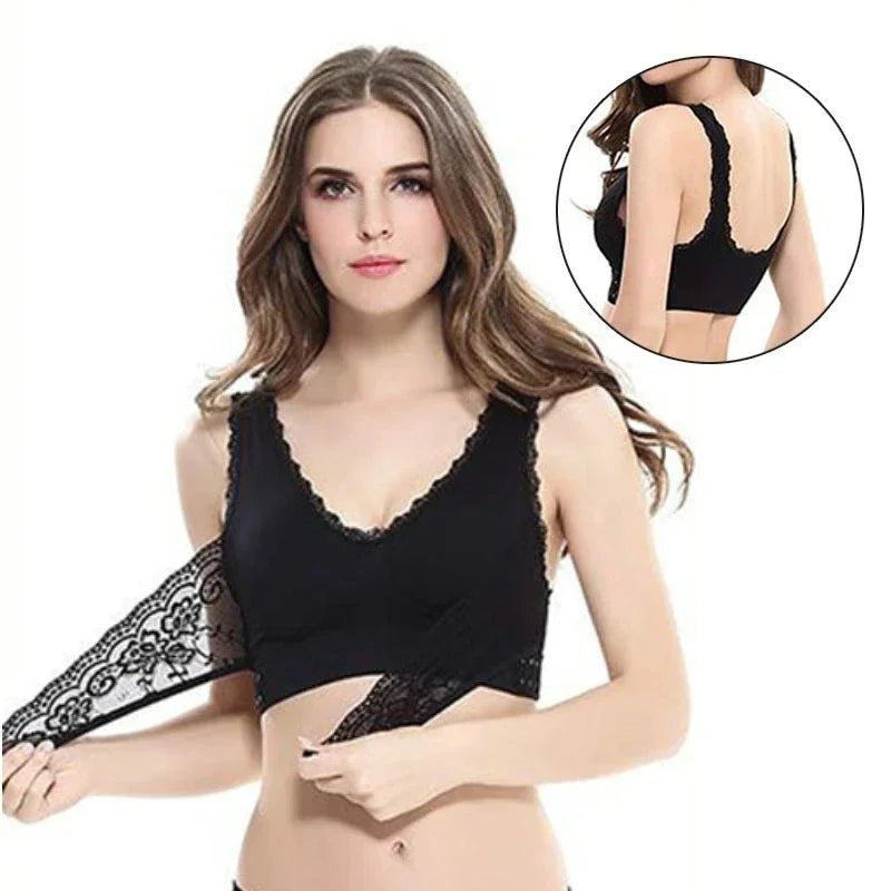 Women's Front Cross Buckle Lace Bra – Wire-Free, Full Coverage & Adjustable for Yoga & Everyday Wear