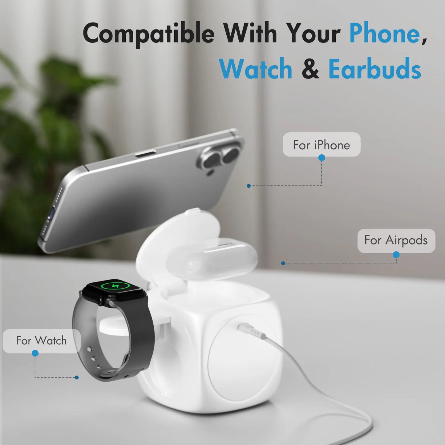 3-In-1 Magnetic Wireless Charging Station Foldable 15W Fast Charge 360 Rotating for IPhone 16 15 14 13 12 Pro/Pro Max/Plus