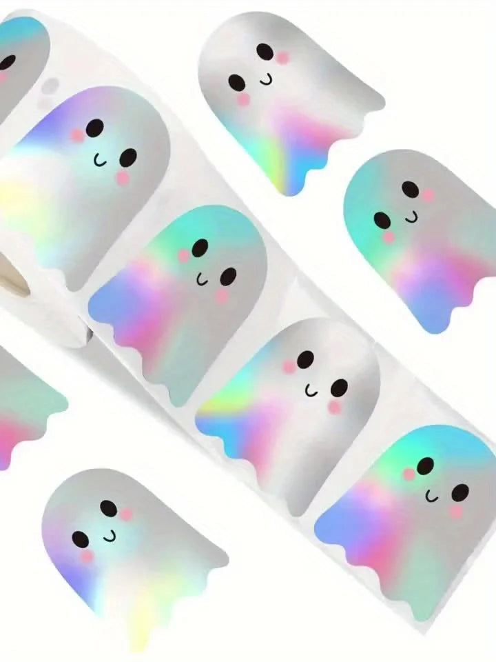 1roll/500pcs Cute Laser Ghost Stickers,Cute Ghost Sealing Stickers, Self-Adhesive Paper,Halloween Halloween Decorations Stickers