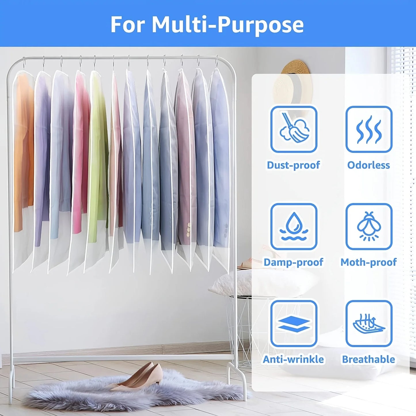 5pcs Durable Polyester Garment Dust Cover with Zipper Closure Long Hanging Clothes Bag for Coats Jackets & Wardrobe Organization