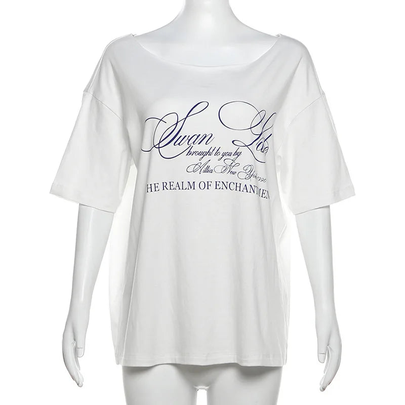 Casual Relax Woman T-shirt Letter 2025 Women Oversized One Shoulder Tops Versatile Street Atmosphere Style Fashionable Tops