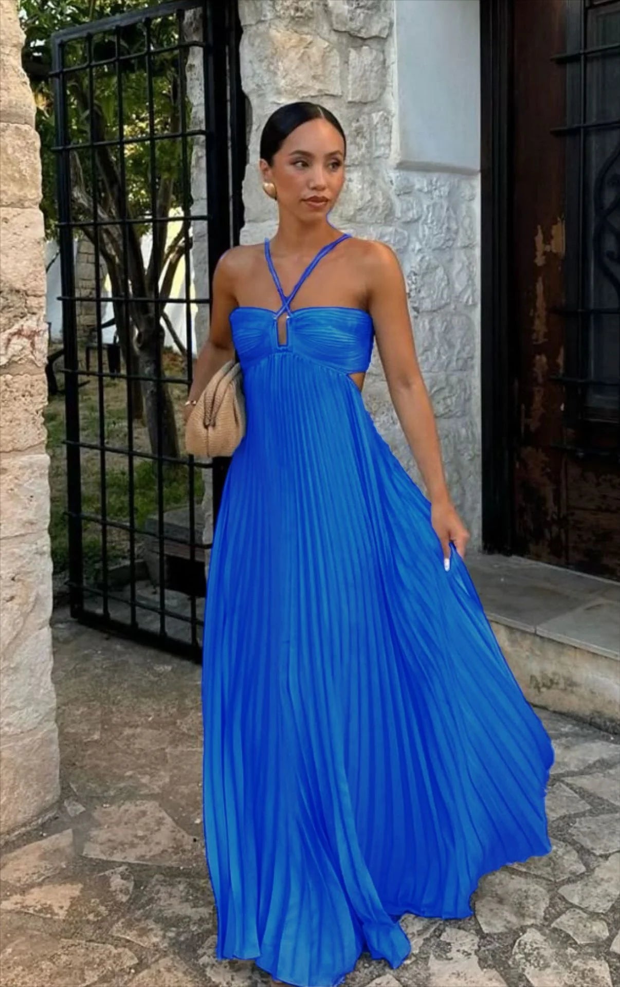 Women's Halter Backless Pleated Maxi Dress – Beach Vibes 2025