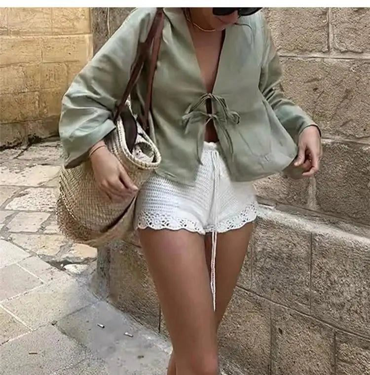 Spring 2025 V-Neck Lace-Up Linen Blouse – Casual Loose Fit