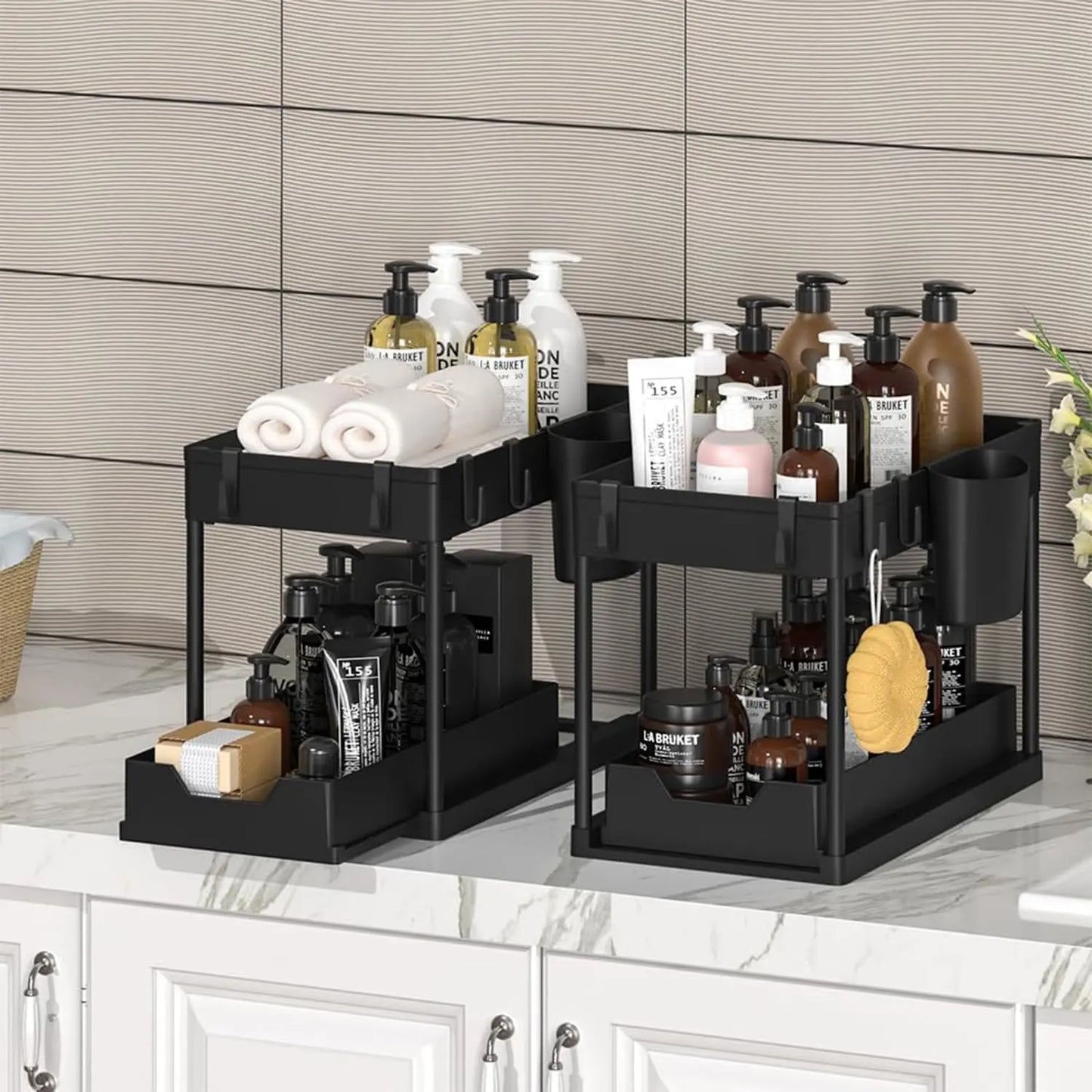 2-Tier Under Sink Organizer with Sliding Drawers & Hooks