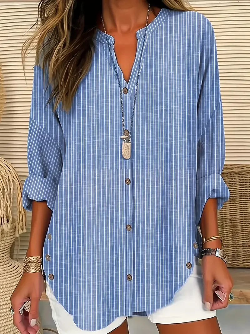 Plus Size 1XL-5XL Women's CasualLadies Fashion Solid Blouse Solid Color Loose Tops V-neck Blouse Long Sleeve Shirt