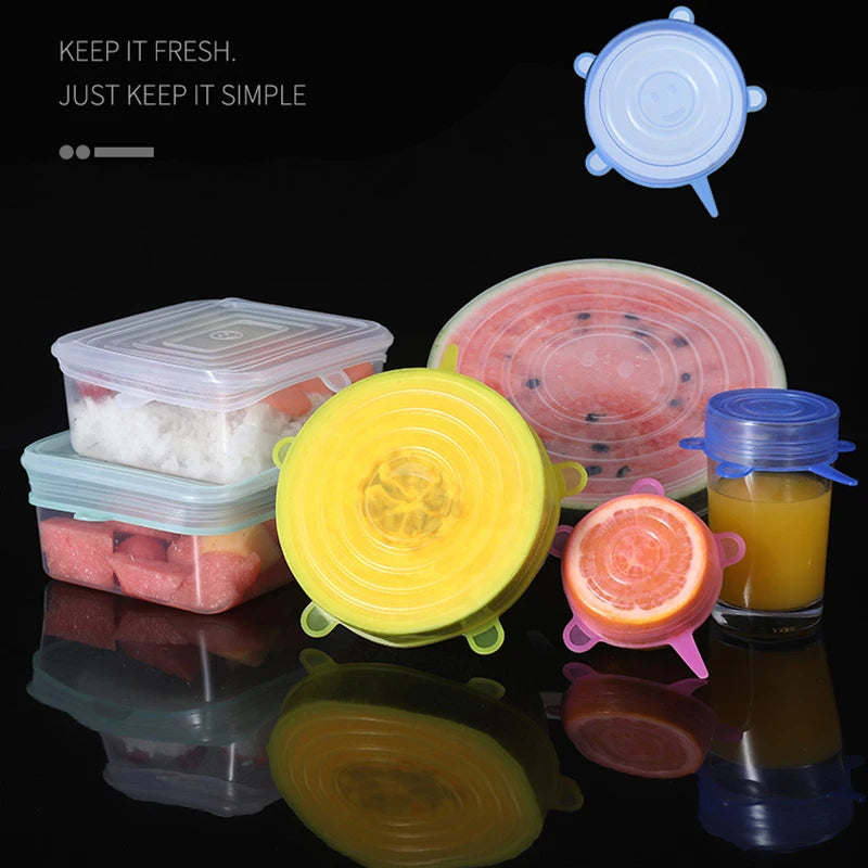 6pcs/set Silicone Covers Adaptable Silicone Lids Silicone Caps for Food Universal Dish Stretch Lids for Cans Kitchen Accessories