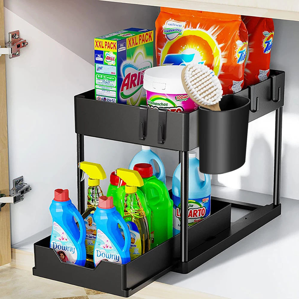 2-Tier Under Sink Organizer with Sliding Drawers & Hooks
