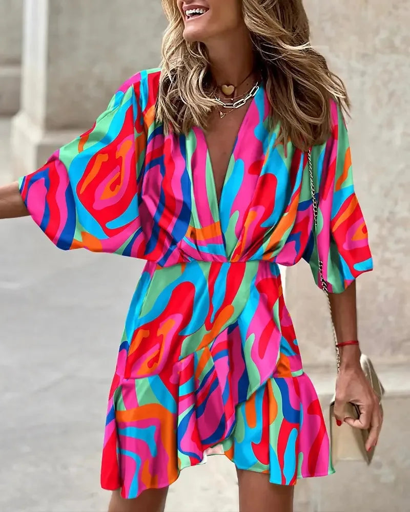 Boho Floral V-Neck Mini Dress – Batwing Sleeve Beach Style