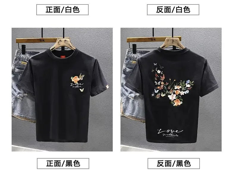 2025 Summer New Chinese Style Butterfly Embroidered Short-sleeved T-shirt Men Loose Casual Top
