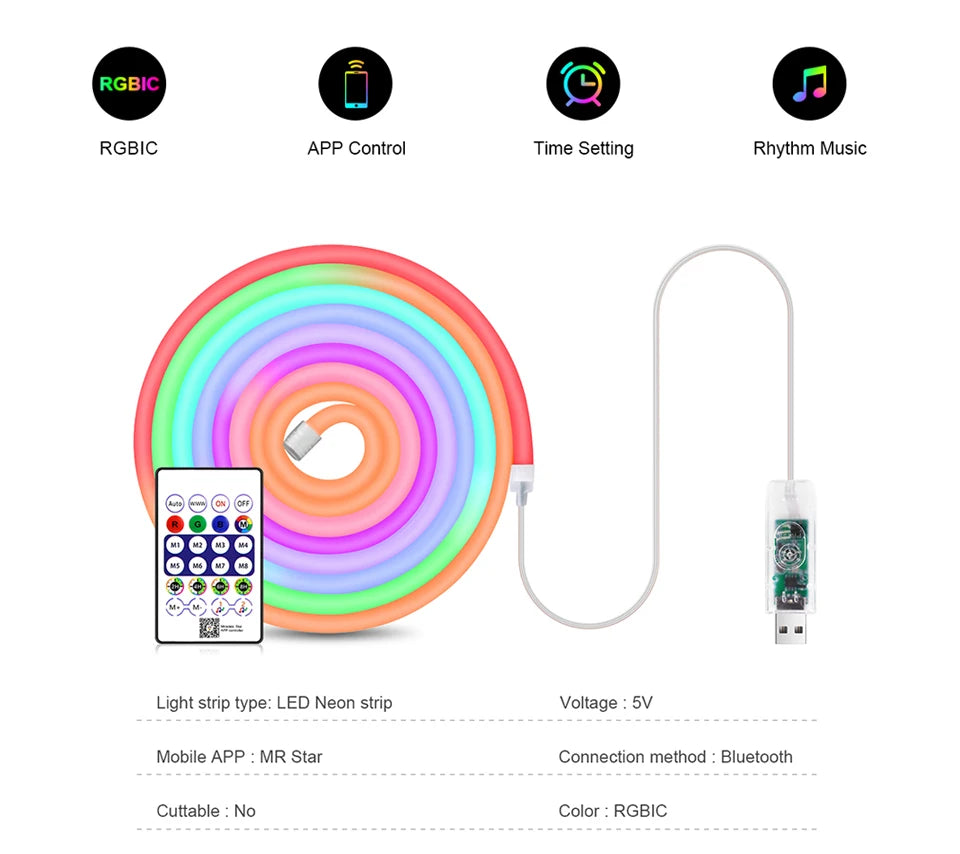 USB RGBIC Neon LED Strip Light – 5V, Waterproof, 1–5M, Bluetooth App & Remote Control for DIY Home Decor
