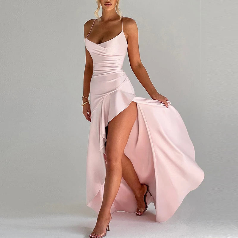 Sexy Slash Neck Slim Ruffle Banquet Dress Women Spring Backless Lace-up Long Irregular Dress Summer Sleeveless Hollow Maxi Dress