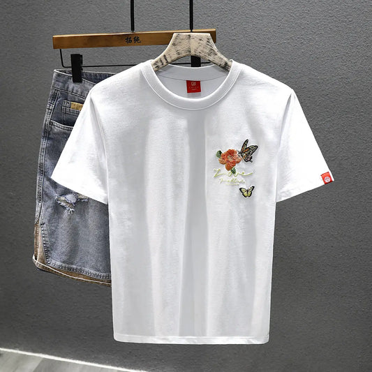 2025 Summer New Chinese Style Butterfly Embroidered Short-sleeved T-shirt Men Loose Casual Top