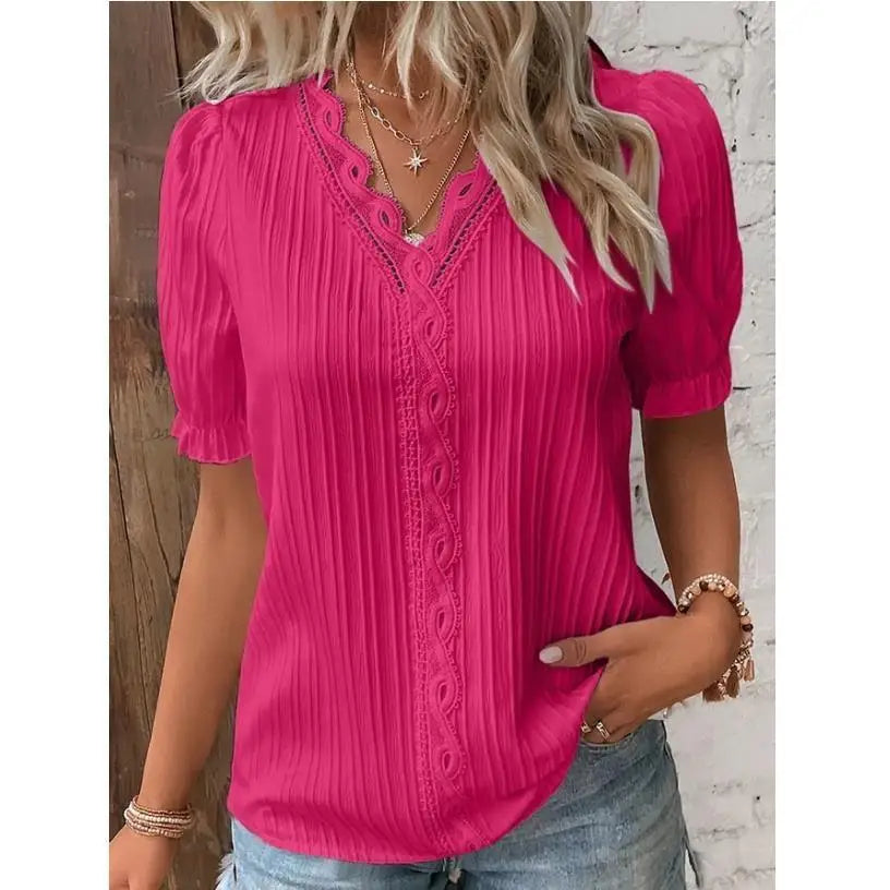 Elegant Women Blouse Shirt V Neck Lace Patchwork Short Sleeve Shirts For Women Summer Lady Tops White