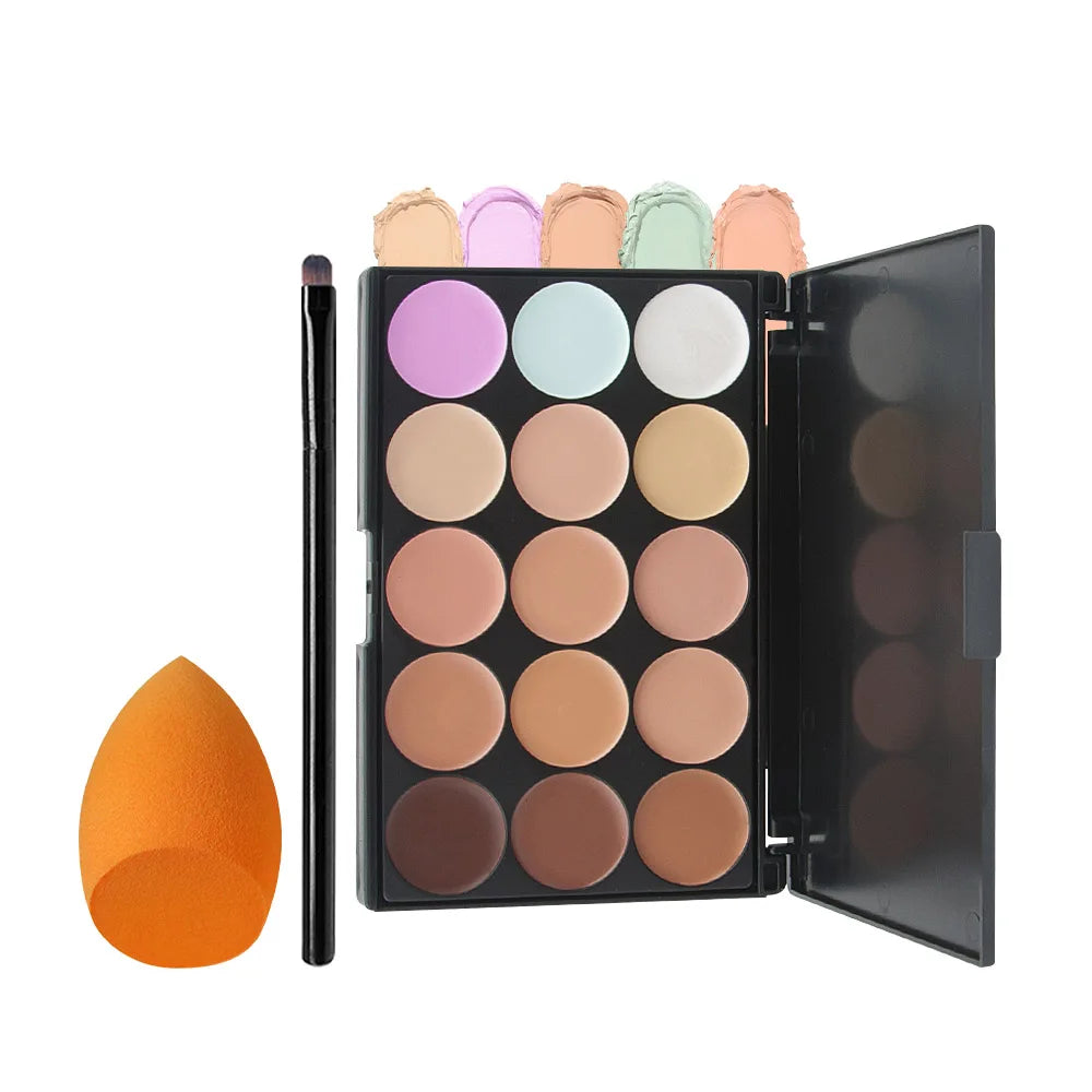 2pcs 15-color Professional Concealer with Brush,Face Makeup and Contouring Dark Circles Acne Mark Brightening Waterproof Sweat