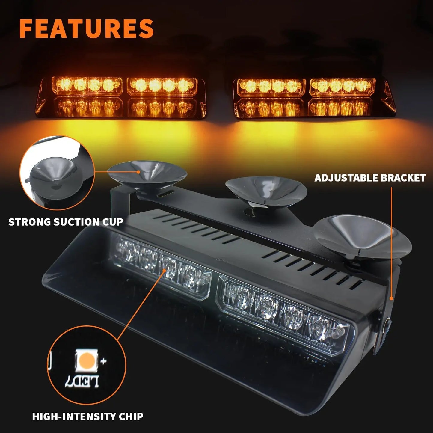 2 in 1 LED Emergency Strobe Lights for Vehicles Front/Rear Windshield with Suction Cups,Dash Deck Safety Flashing Hazard Warning